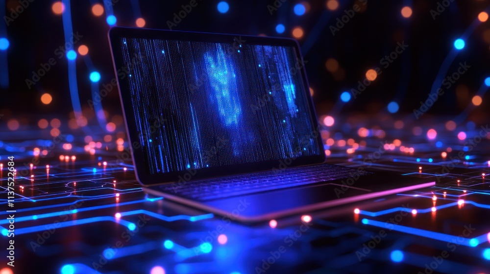 Poster laptop displaying digital data in futuristic background
