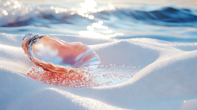 A pearl platform and podium with a pink oyster shell placed on white sand, reflecting the sparkle of water on the ocean floor