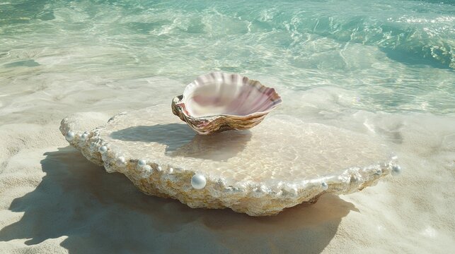 A pearl platform and podium with a pink oyster shell placed on white sand, reflecting the sparkle of water on the ocean floor