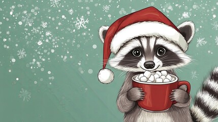 Сartoon cute raccoon in winter hat enjoys snow 
