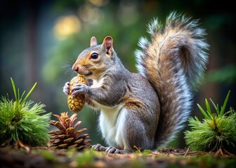 Fototapeta premium Isolated Grey Squirrel Holding a Pinecone in a Backyard Setting, Showcasing Wildlife Preservation and Natural Beauty in a Photorealistic Illustration