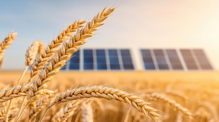 Wheat sustainability concept. Golden wheat field with solar panels glistening in the sunlight, symbolizing sustainability.