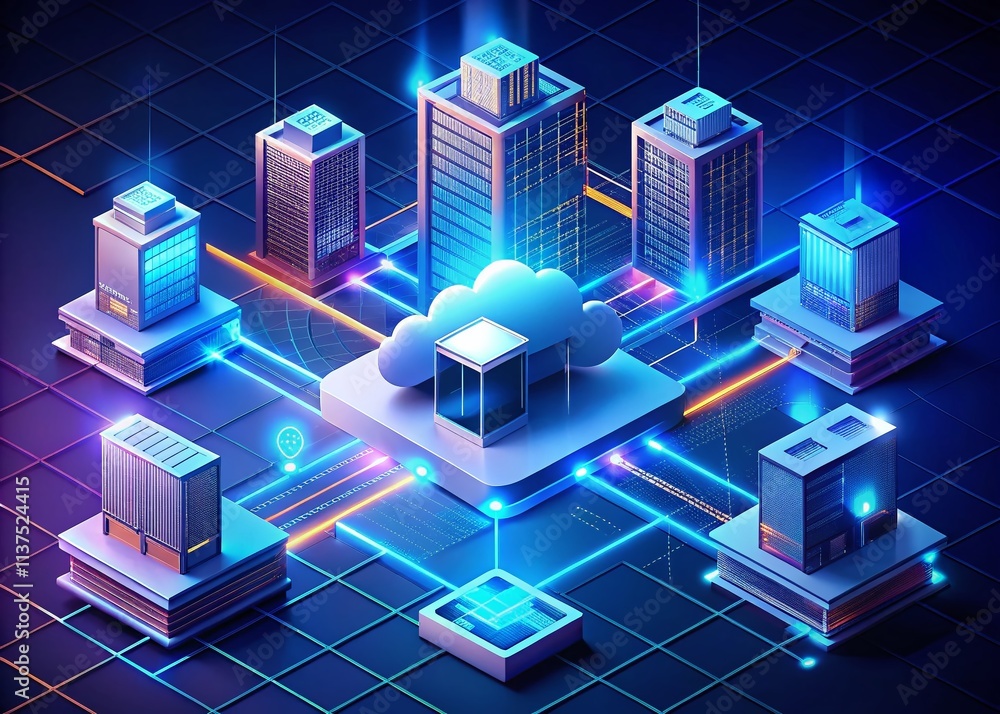 Poster isometric cloud networking diagram: server, data center, global network, cloud computing infrastruct