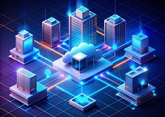Isometric Cloud Networking Diagram: Server, Data Center, Global Network, Cloud Computing Infrastructure