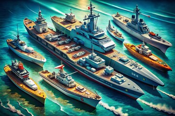 Obraz premium Isometric Illustrations of Military Ships Showcasing Various Classifications and Designs for Maritime Enthusiasts and Educational Purposes