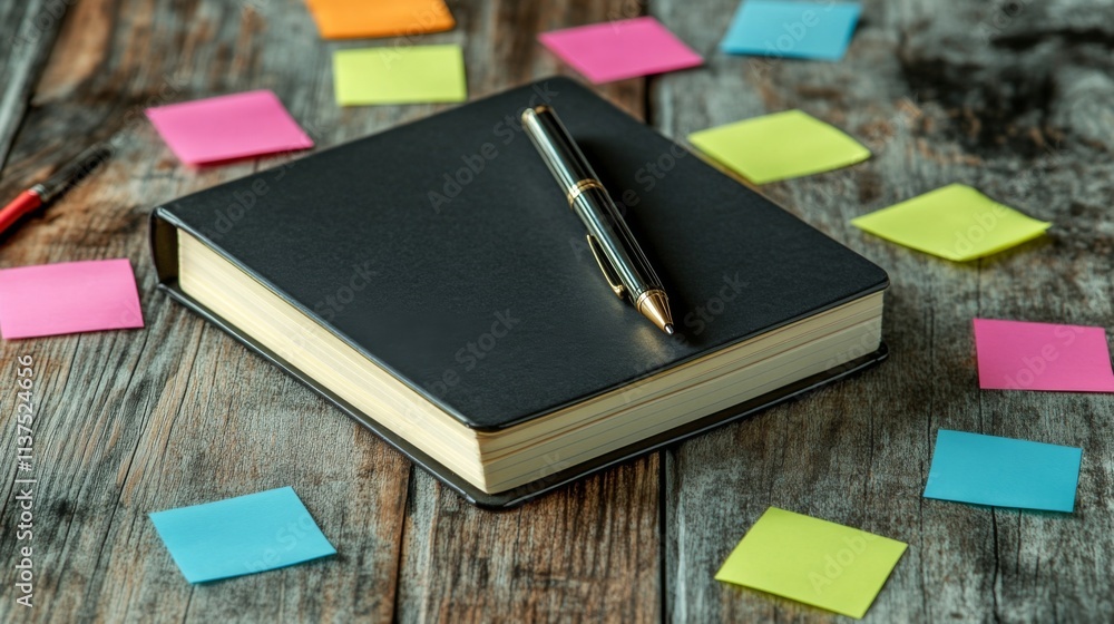 Poster black notebook with pen surrounded by colorful sticky notes
