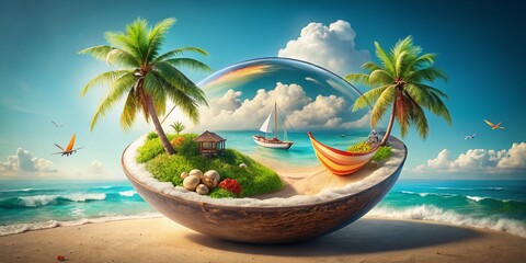 Obraz premium Isometric Summer Holiday Beach Scene: Double Exposure Photography