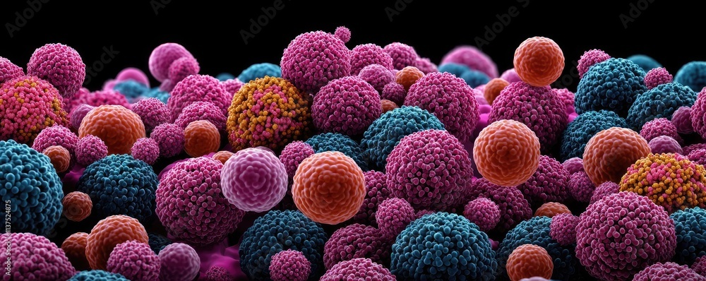 Poster cancer cells idea. colorful microscopic view of diverse cells showcasing biological structures.