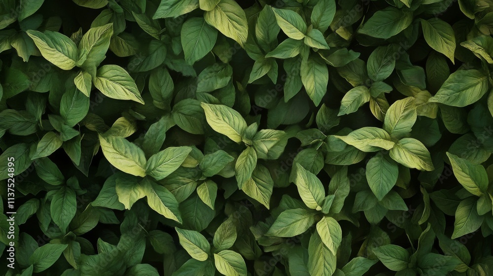 Poster a close-up view of green basil leaves arranged densely, creating a natural and organic foliage patte