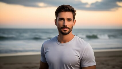 Handsome man in t-shirt standing at beach