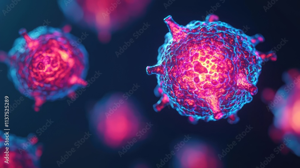 Poster cancer cells idea. microscopic view of colorful viruses, highlighting their complex structure.