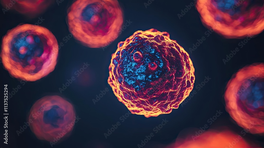 Poster Cancer cells idea. Abstract representation of dynamic cellular structures in vibrant colors.