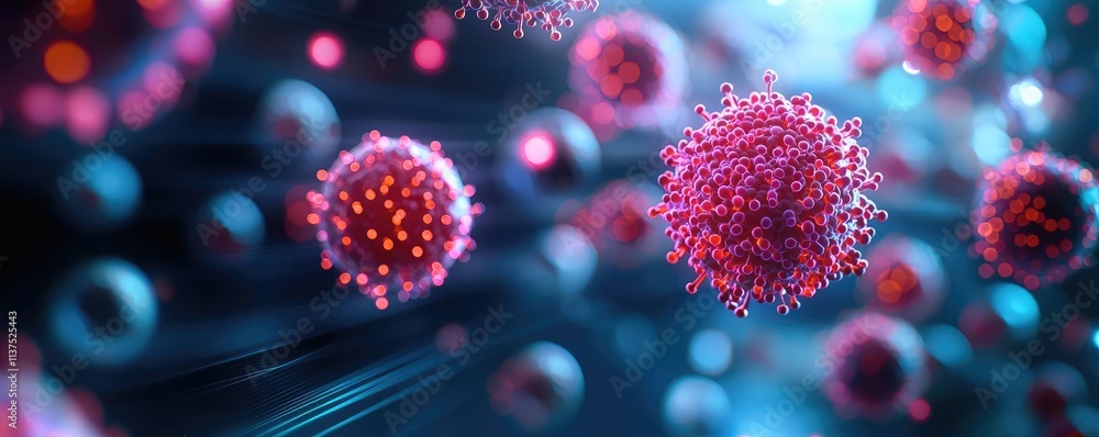 Poster cancer cells idea. colorful microscopic view of viruses in an abstract digital environment.
