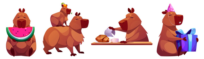 Cute capibara character set. Funny capybara enjoying watermelon slice, baby on parent back, having breakfast with croissant, celebrating birthday with present. Brown fluffy animal with joyful emotions