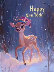 Charming New Year Illustrations with joyful deer wearing a festive hat, prancing through the snow: Cute Holiday Designs for Cards, Wallpapers, T-Shirts, Posters & Decor