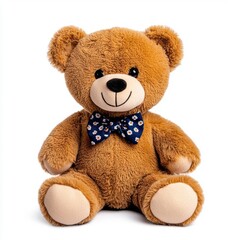 A photostock of a soft teddy bear with a floral bow tie, isolated on a white background, cute and cozy, High Quality