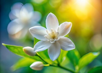 Naklejka premium Jasmine Flower Photography: White Jasmine Blossom, Close-up Macro Shot, Delicate Petals, Nature, Floral Photography, Botanical, Fragrant Flower, White Flower, Spring Bloom, Summer Bloom, 