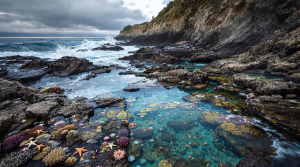Realistic coastal landscape with tidal pools and marine creatures, unique scenic ambiance, stock photo