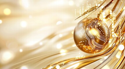 Golden Sphere with Circuit Board Design and Abstract Waves.