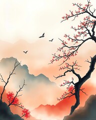 Watercolor Style Chinese Landscape.