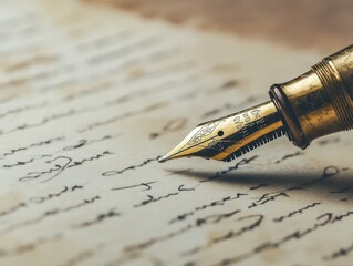 Vintage Fountain Pen Writing on Aged Paper Closeup