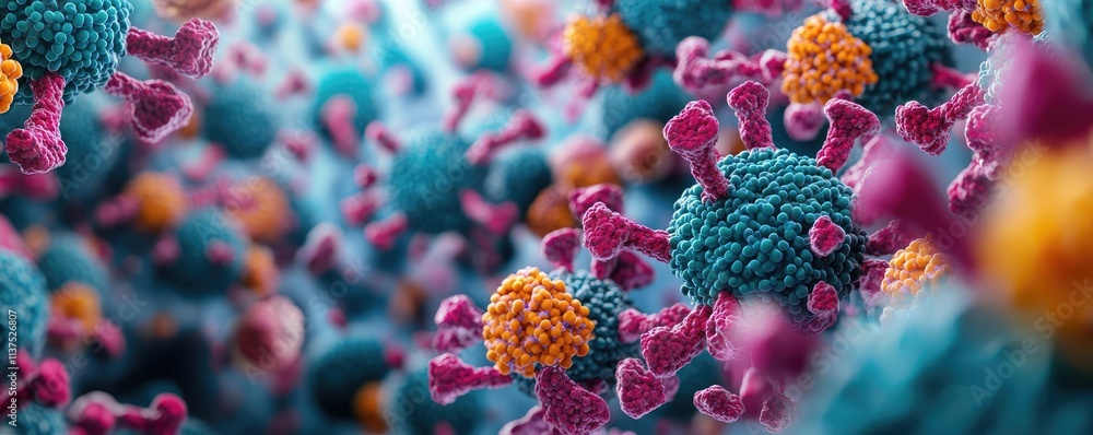 Poster cancer cells idea. close-up image of colorful virus structures, highlighting their intricate details
