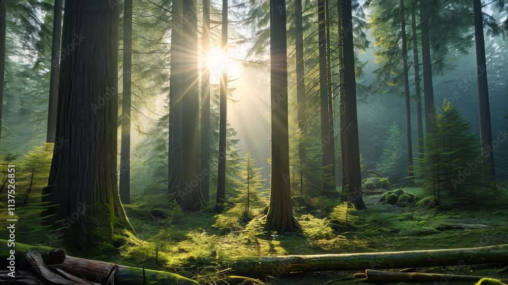 Aufkleber sunlight dappled forest: sunbeams pierce through a dense canopy of towering trees, illuminating a lu