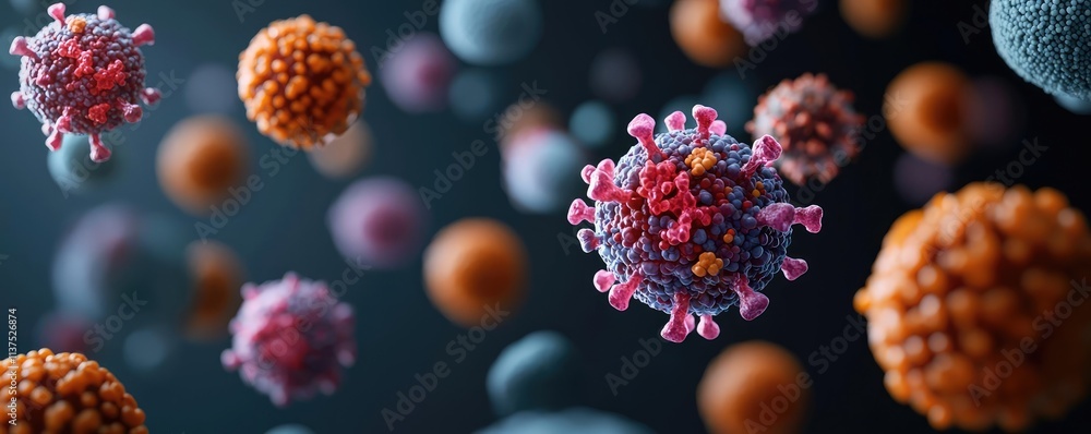 Poster Cancer cells idea. Colorful microscopic view of viruses and bacteria floating in space.