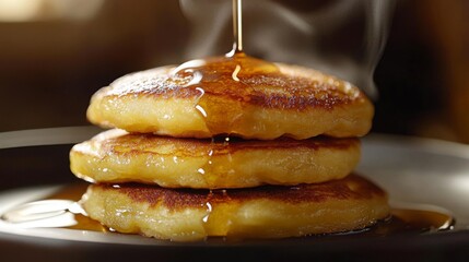 Delicious Stack of Golden Pancakes with Maple Syrup Drizzle