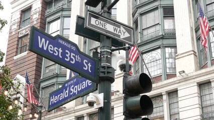 New York City crossroad, Manhattan Broadway street intersection road sign. NYC Midtown district...
