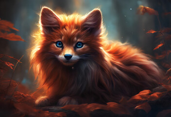 A half-body shot of an adorable young sprite with translucent wings, floating through a dark, fiery forest. Its innocent expression and human-like features make it both enchanting and mysterious.