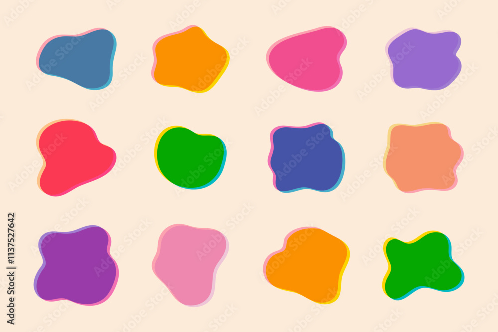 Poster set of colorful fluid shapes in trendy riso graph print texture style. liquid elements collection fo