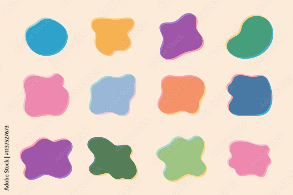 Poster set of colorful fluid shapes in trendy riso graph print texture style. liquid elements collection fo