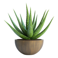 Fototapeta premium Vibrant Aloe Vera plant in a simple wooden pot is perfectly isolated on a clean transparent background for commercial use.