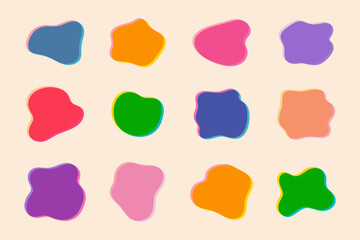 Set of colorful fluid shapes in trendy riso graph print texture style. Liquid elements collection for creative design.