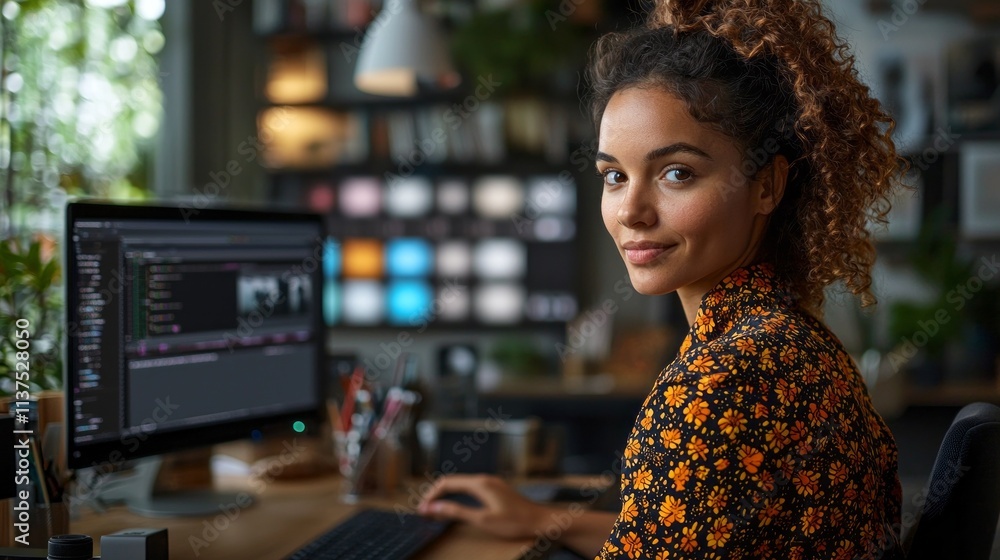 Poster a woman is sitting at a desk with a computer and a keyboard