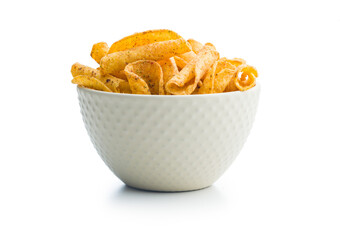 Rolled nachos tortilla chips in boowl isolated on white background.