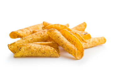 Rolled nachos tortilla chips isolated on white background.