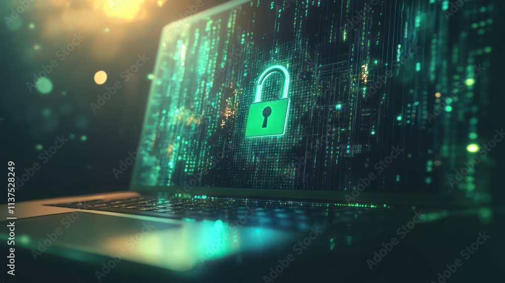 Poster digital lock symbol on laptop screen with data flow