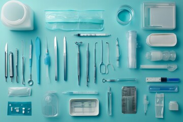 Medical equipment and tools arranged on a blue background, top view. AI generated illustration