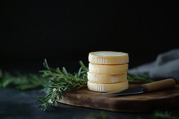 Cheese selection with butter knife and rosemary on a wooden board, dark background. AI generated illustration