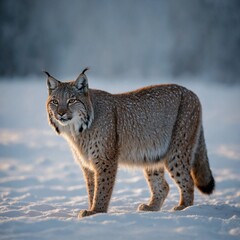 Obraz premium A lynx standing still in a snow-covered field, surrounded by a soft white glow.