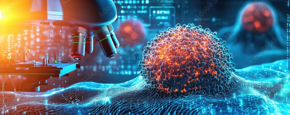 Poster cancer cells idea. a futuristic depiction of cancer research with microscopic elements and digital i
