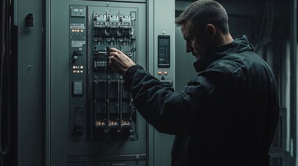 A skilled technician in a dark coat adjusts settings on a complex electrical control panel in a dimly lit industrial environment