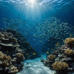 Obraz premium A school of fish swimming near a submerged coral field, glowing in white light.