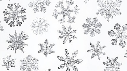 Unique snowflakes create a delicate pattern on a white background during winter season