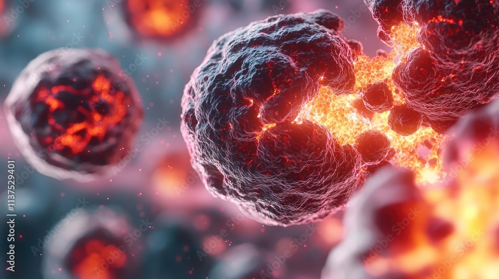 Poster Cancer cells idea. Microscopic view of cells interacting with vibrant colors and intricate textures.