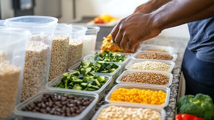A man organizing a healthy meal prep station with containers of grains, protein, and vegetables