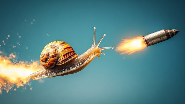 A snail soaring swiftly with a rocket-shaped shell on an isolated background