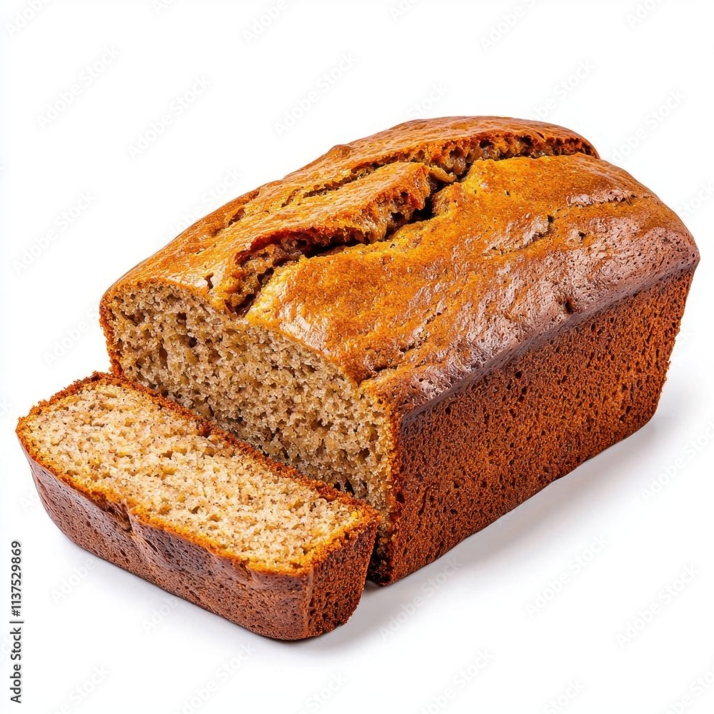 Wall mural a photostock of a steaming loaf of banana bread, freshly sliced, isolated on a clean white backgroun